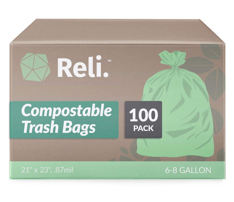 Reli. Compostable 6-8 Gallon Trash Bags | 100 Count | ASTM D6400 | Green | Eco-Friendly | For Compost - Image 1